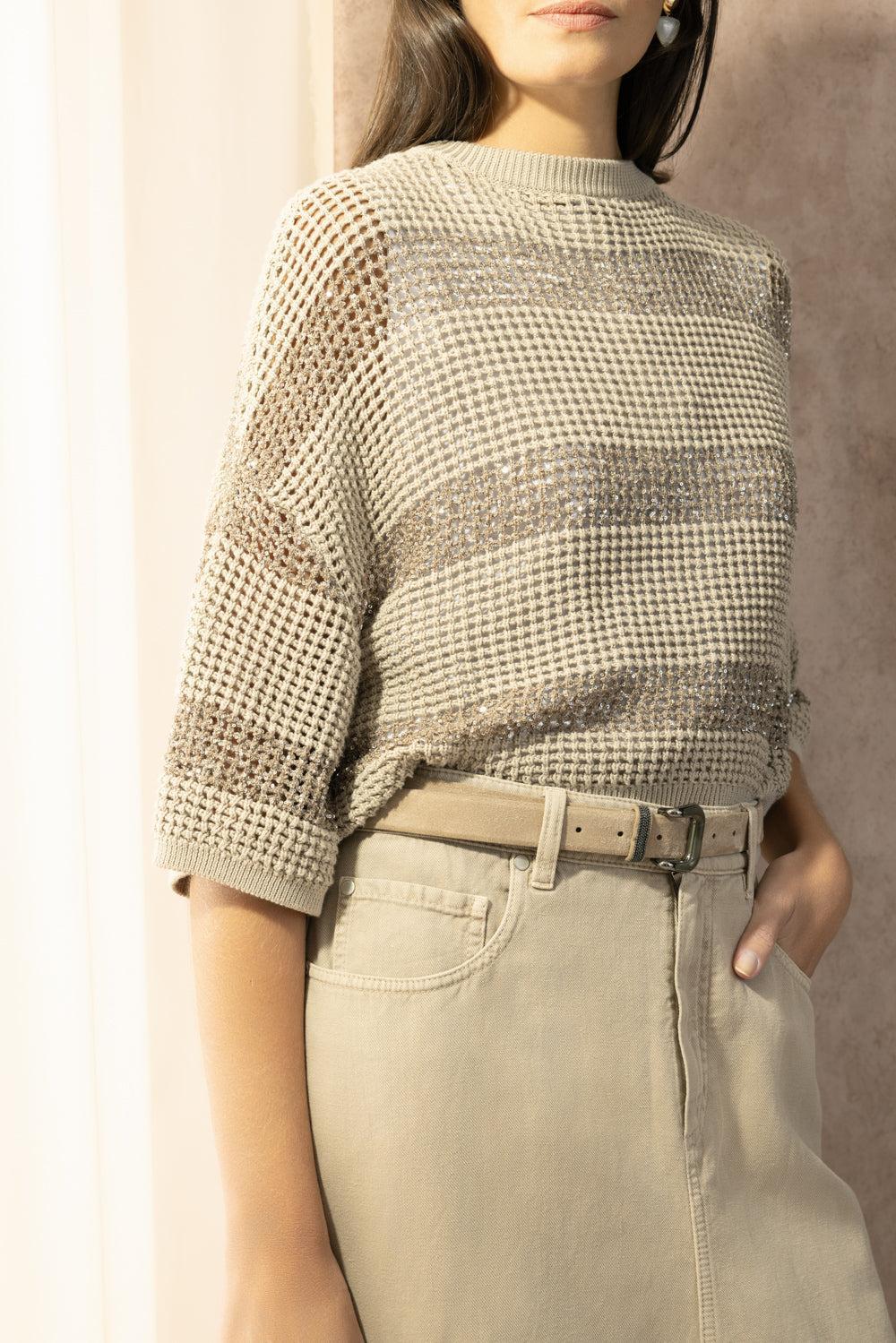 Water Reflection Button Cardigan - Light Beige-STRIPE-XS-CLOTHINGTOPCARDIGAN-BRUNELLO CUCINELLI