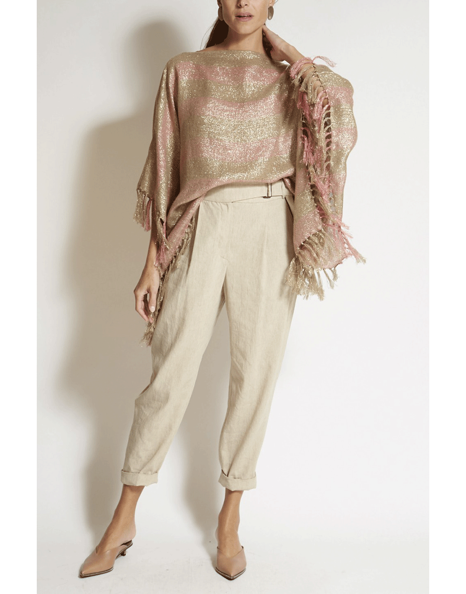 BRUNELLO CUCINELLI-Beige and Pink Striped Fringe Poncho-BEIG/PNK