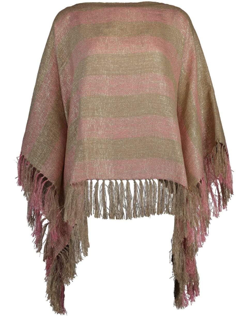 BRUNELLO CUCINELLI-Beige and Pink Striped Fringe Poncho-BEIG/PNK