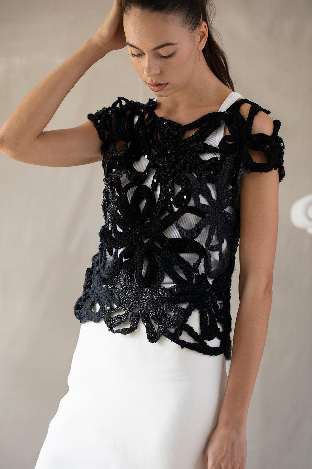 BRUNELLO CUCINELLI-Marine Botanical Crochet Top-BLACK