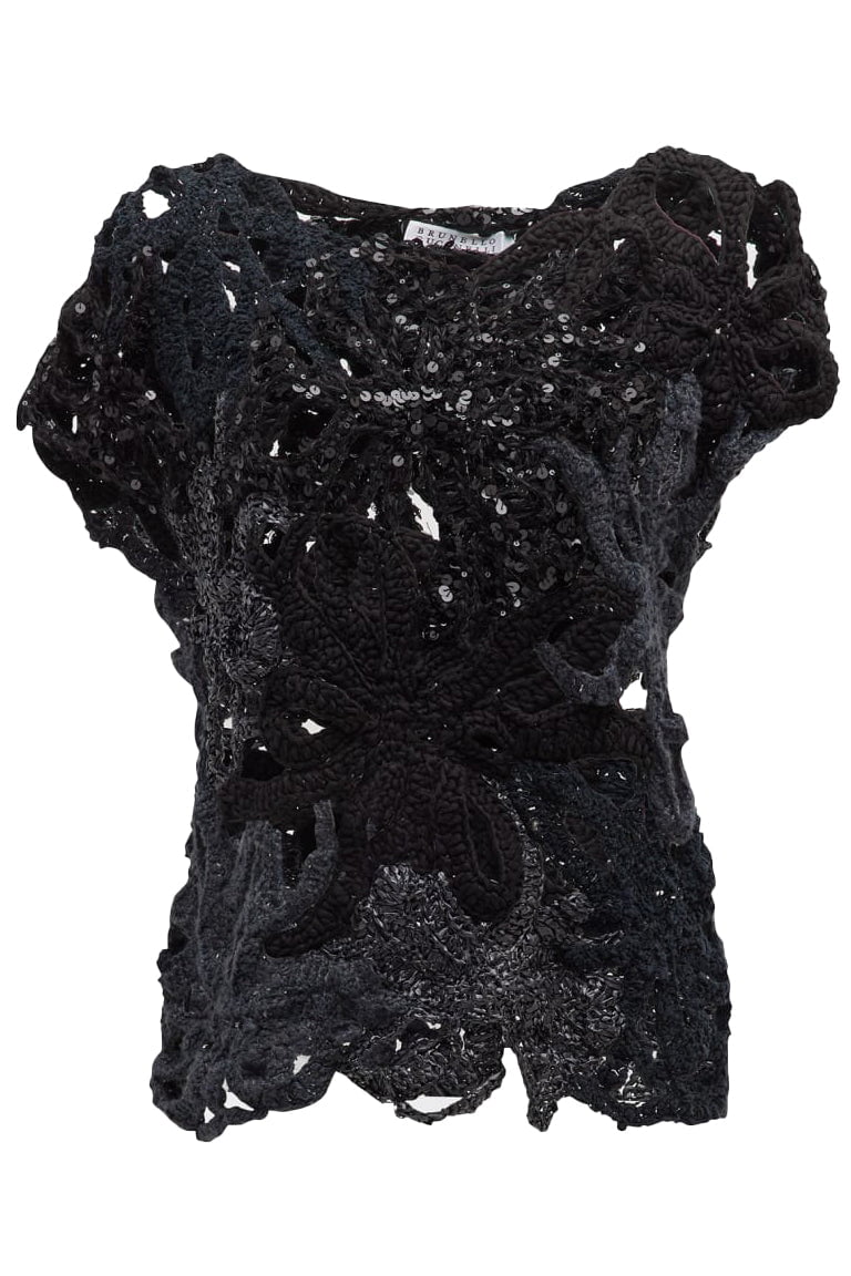 BRUNELLO CUCINELLI-Marine Botanical Crochet Top-BLACK