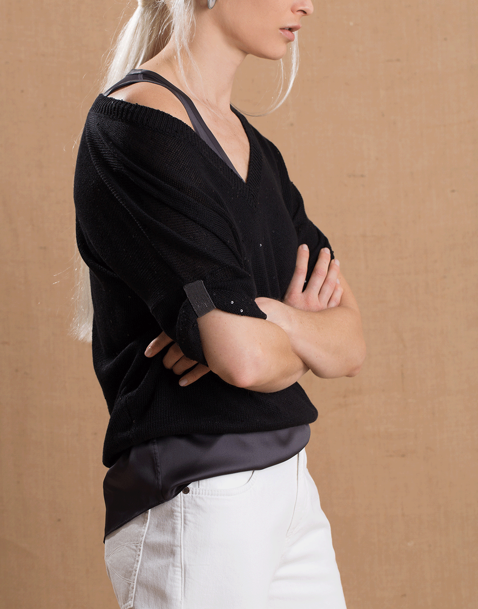 BRUNELLO CUCINELLI-Deep V-Neck Paillette Sweater-