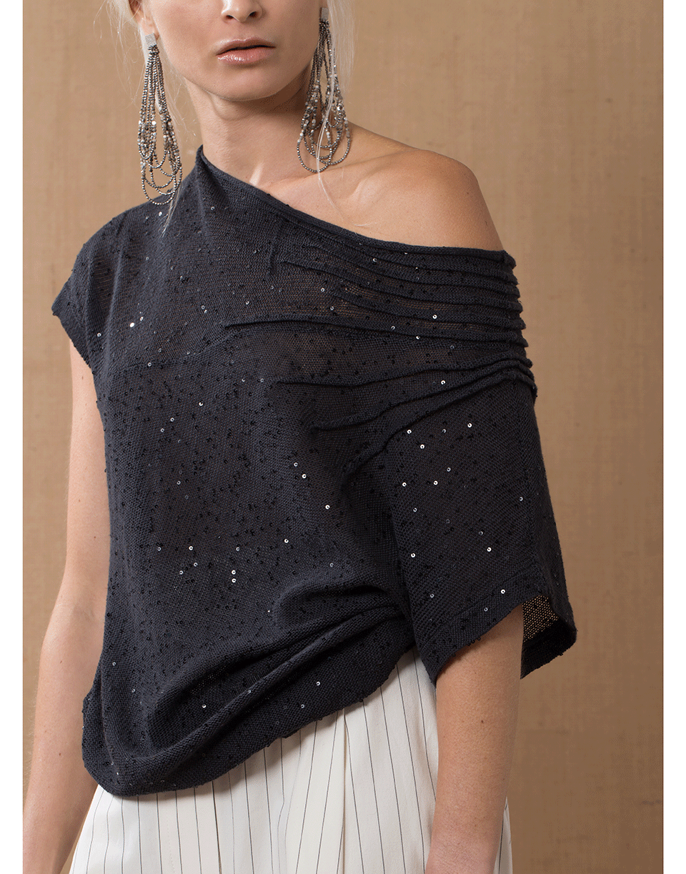 BRUNELLO CUCINELLI-Black Stone Pailllette Ruched Off Shoulder Knit-