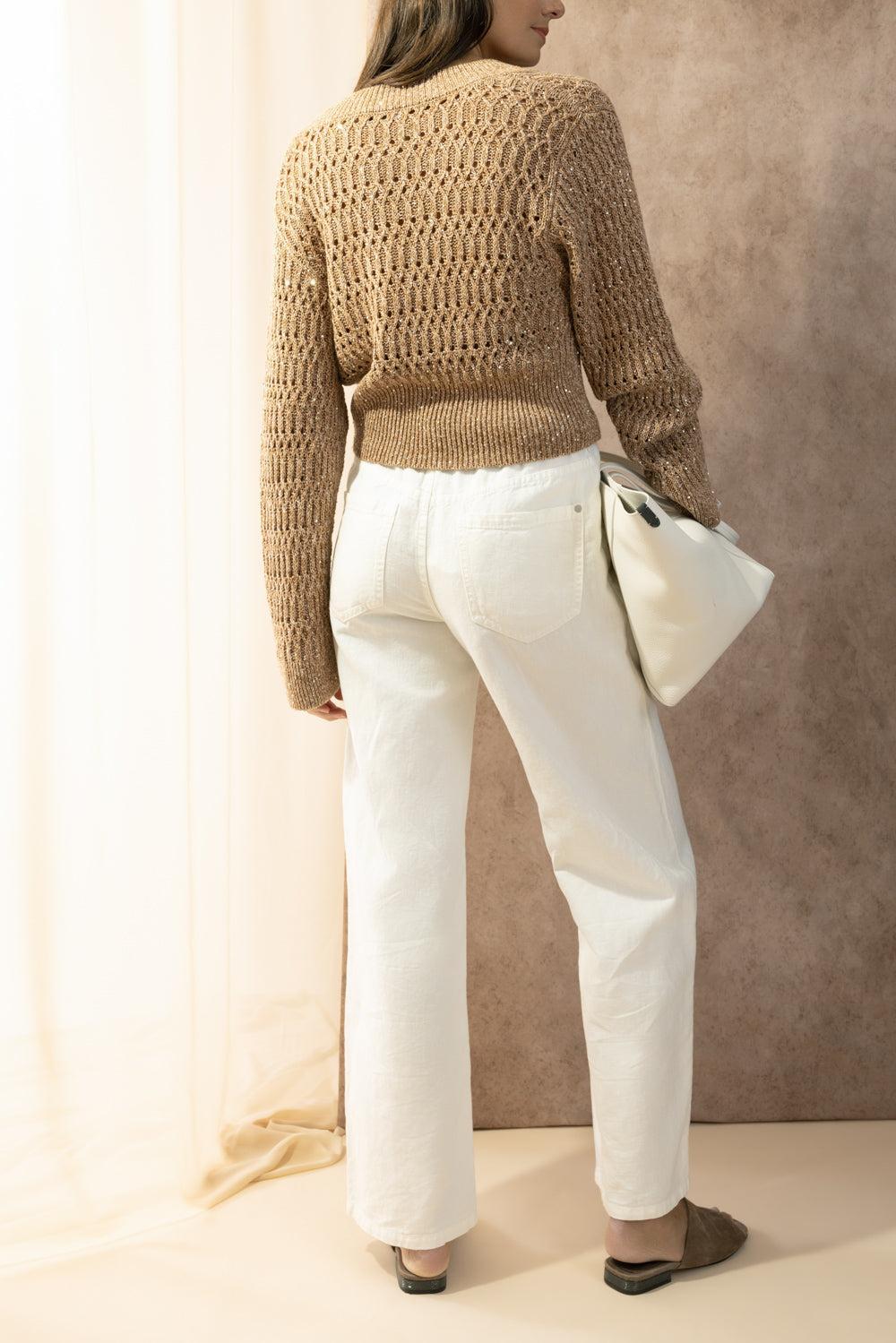Braided V Neck Top-BROWN-XS-CLOTHINGTOPKNITS-BRUNELLO CUCINELLI