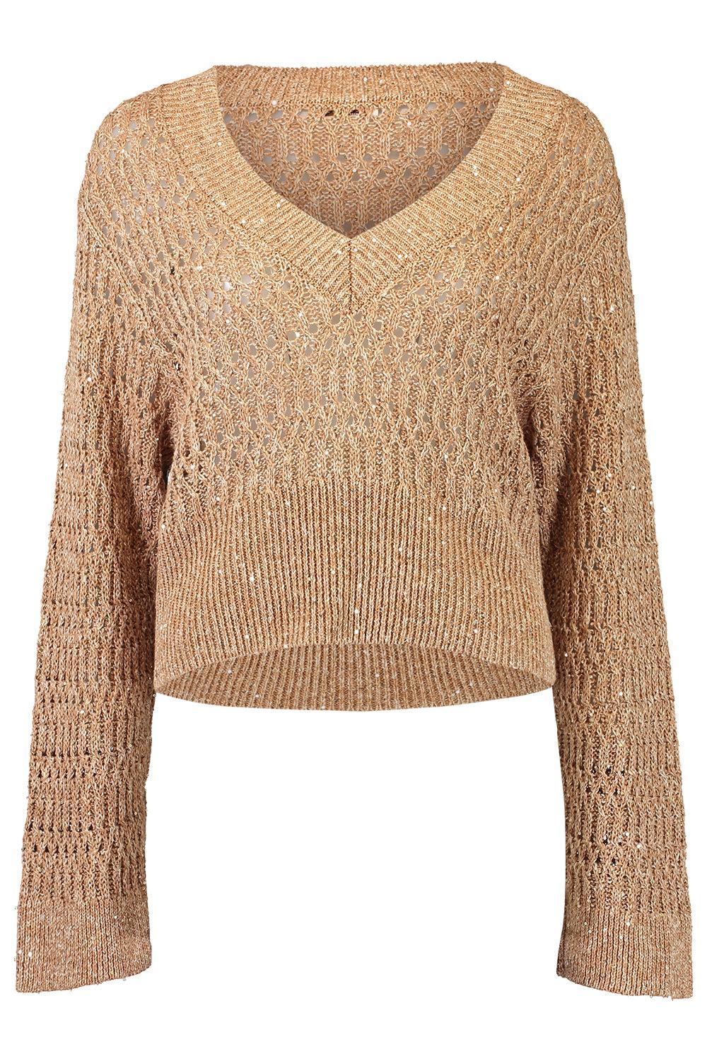 Braided V Neck Top-BROWN-XS-CLOTHINGTOPKNITS-BRUNELLO CUCINELLI
