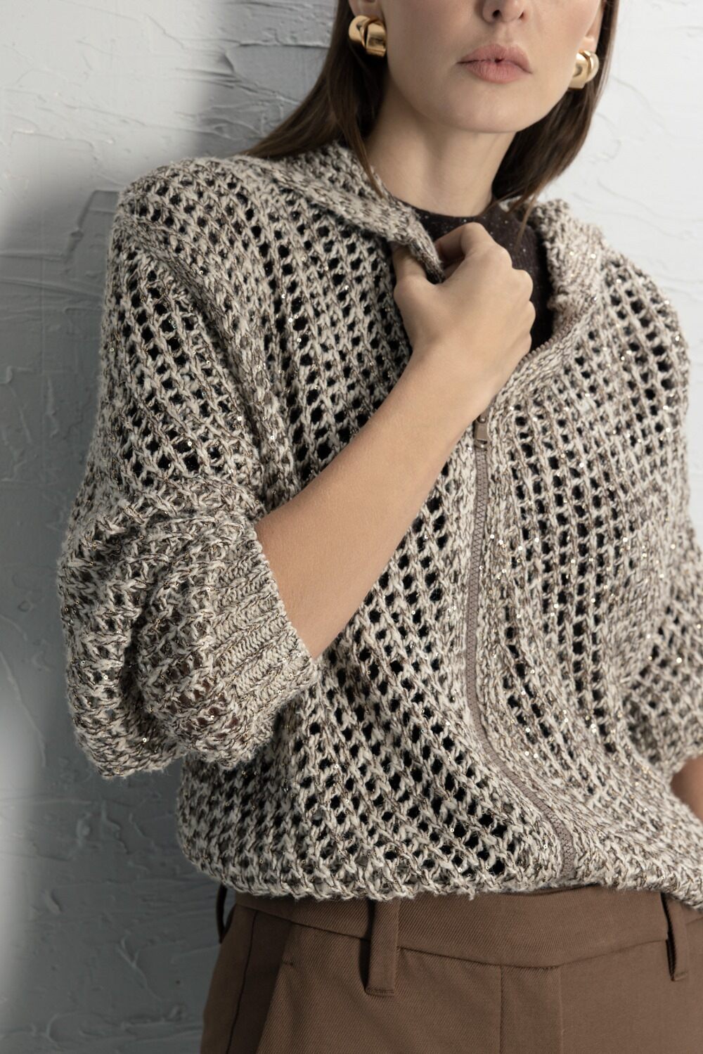Open Weave Zip Cardigan-BROWN-XS-CLOTHINGTOPKNITS-BRUNELLO CUCINELLI