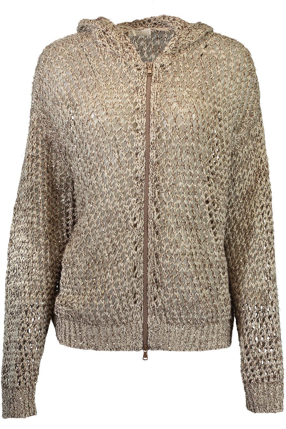 Open Weave Zip Cardigan-BROWN-XS-CLOTHINGTOPKNITS-BRUNELLO CUCINELLI