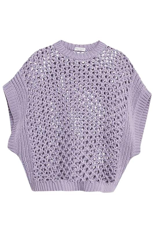 BRUNELLO CUCINELLI-Open Weave Cap Sleeve Sweater-