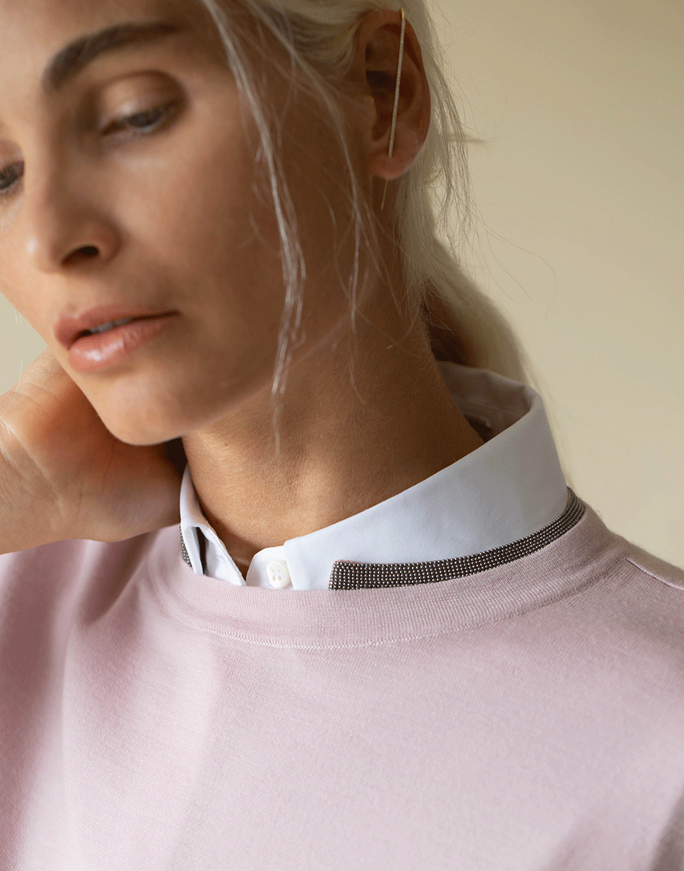 BRUNELLO CUCINELLI-Pink Short Sleeve Monili Collar Knit-