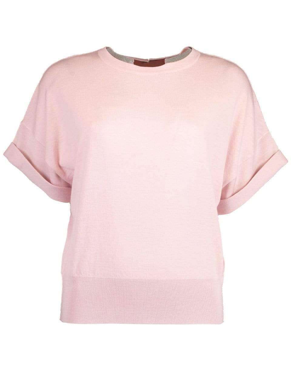 BRUNELLO CUCINELLI-Pink Short Sleeve Monili Collar Knit-