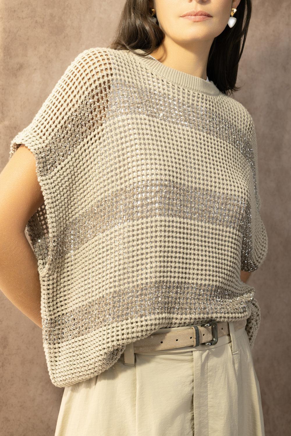 Water Reflection Kimono Crewneck - Dark Sand-STRIPE-XS-CLOTHINGTOPKNITS-BRUNELLO CUCINELLI