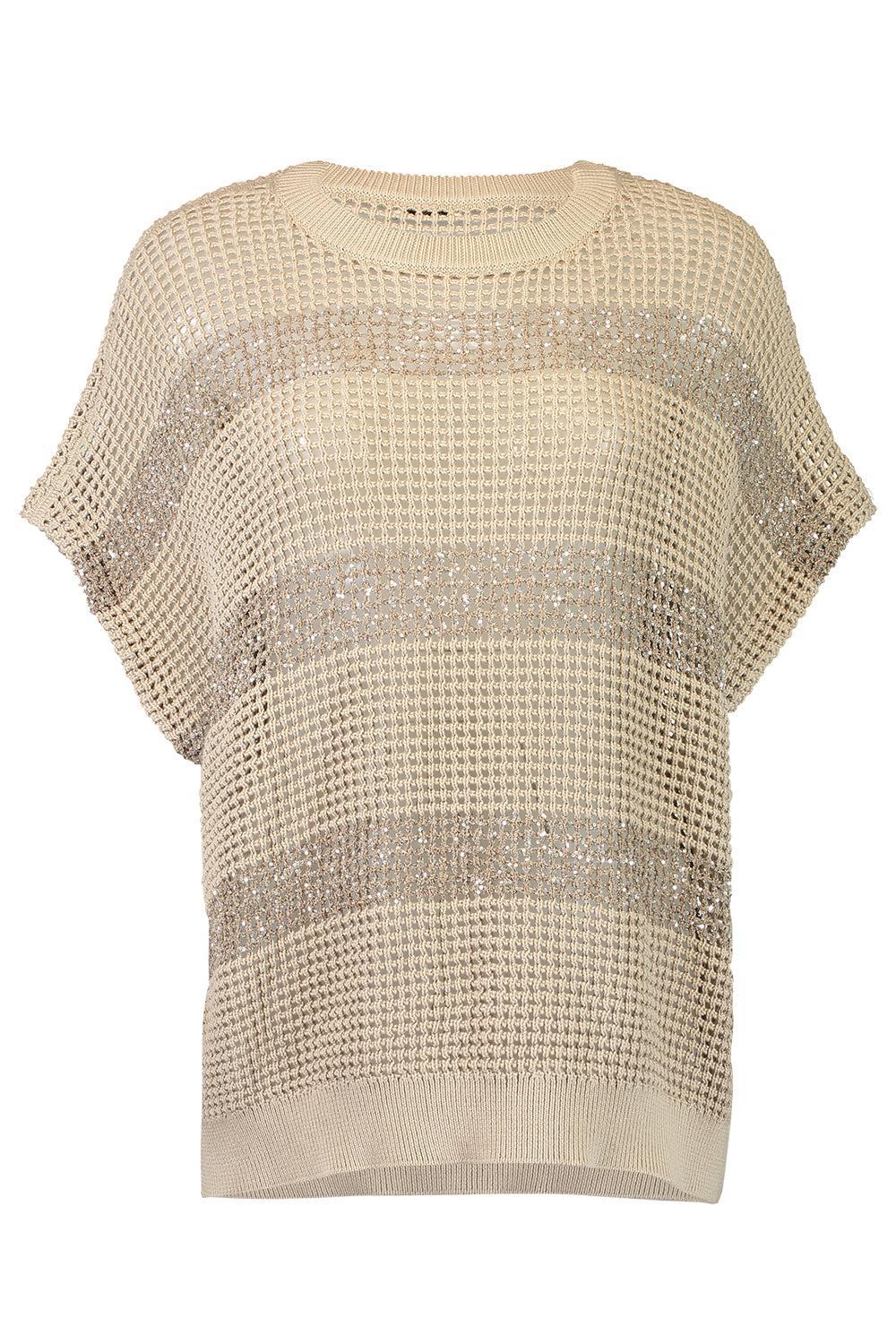 Water Reflection Kimono Crewneck - Dark Sand-STRIPE-XS-CLOTHINGTOPKNITS-BRUNELLO CUCINELLI