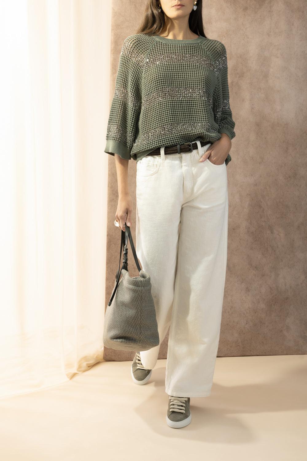 Water Reflection Kimono Crewneck - Khaki Rosemary-STRIPE-XS-CLOTHINGTOPKNITS-BRUNELLO CUCINELLI