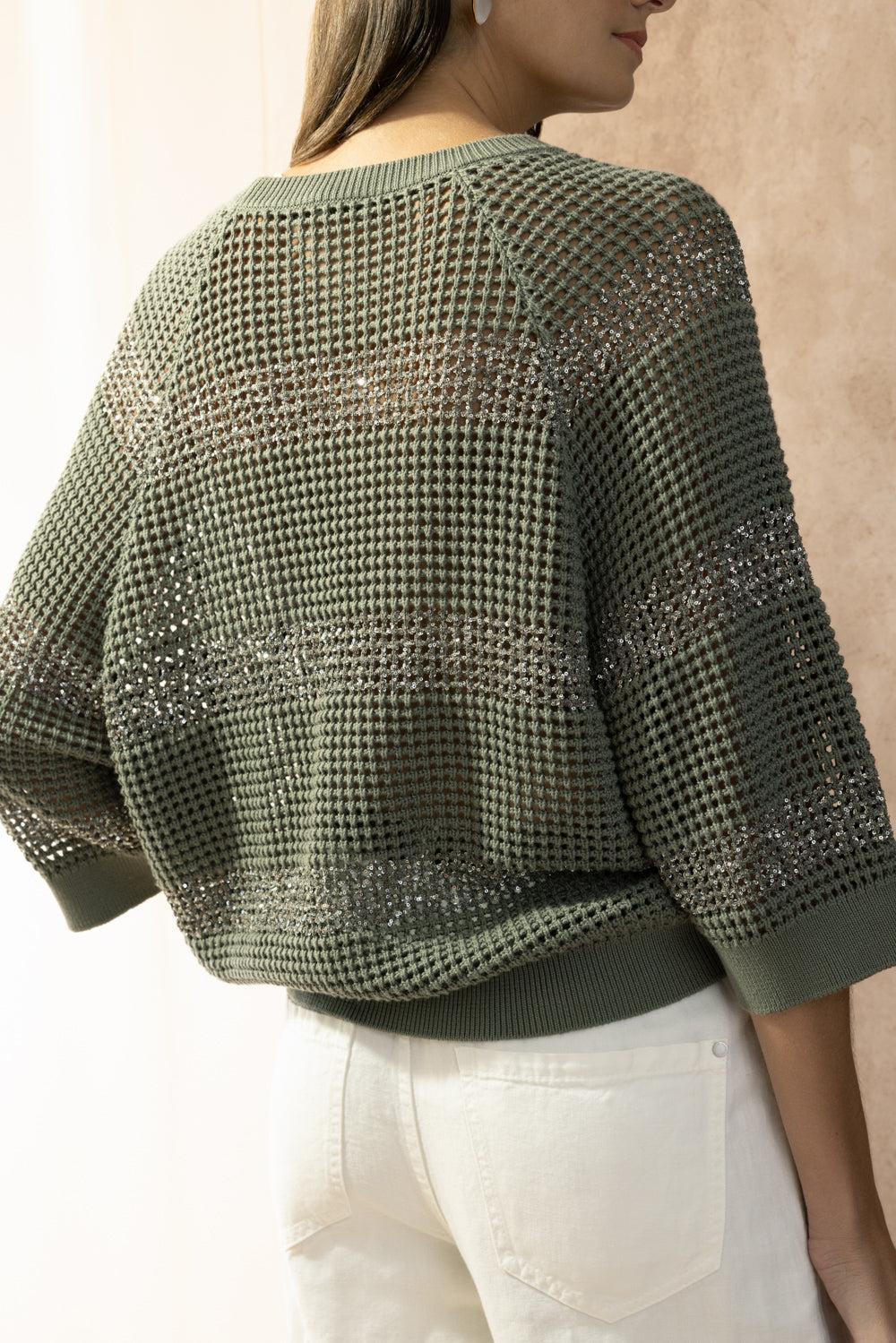 Water Reflection Kimono Crewneck - Khaki Rosemary-STRIPE-XS-CLOTHINGTOPKNITS-BRUNELLO CUCINELLI