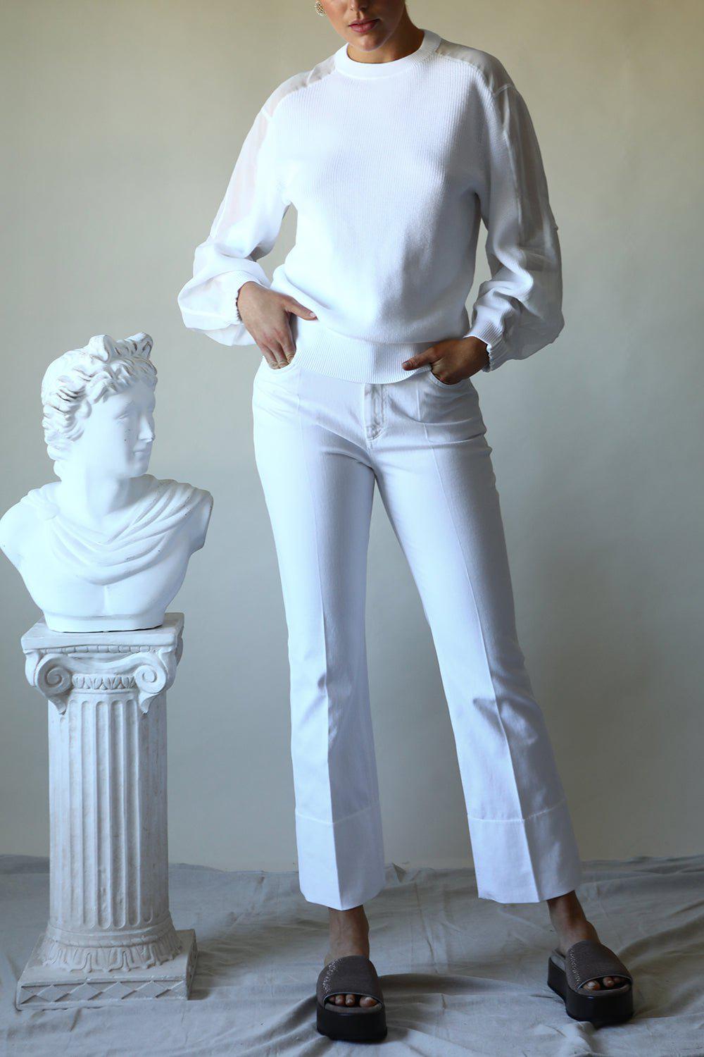 BRUNELLO CUCINELLI-Organza Sleeve Crewneck Knit - White-