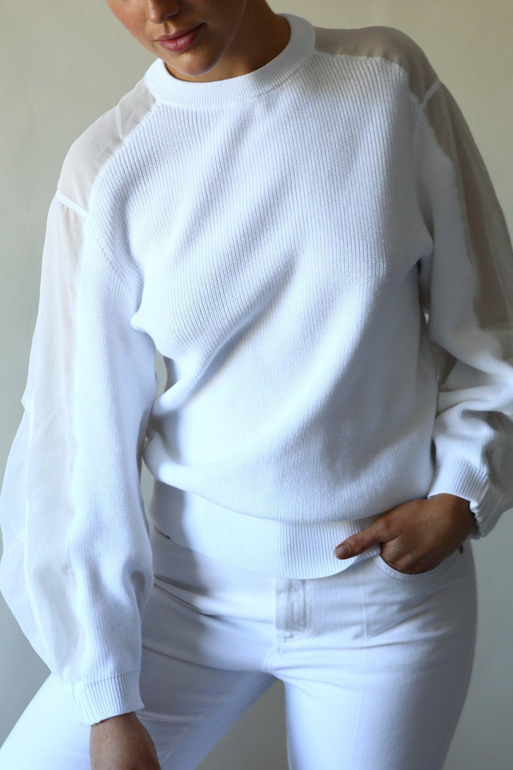 BRUNELLO CUCINELLI-Organza Sleeve Crewneck Knit - White-