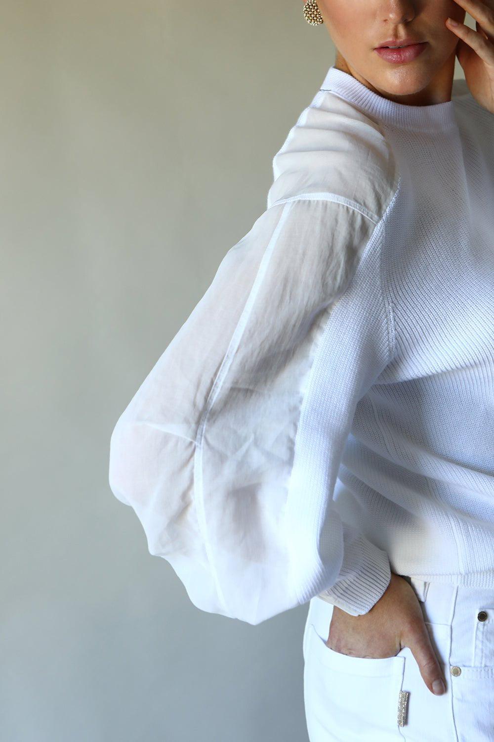 BRUNELLO CUCINELLI-Organza Sleeve Crewneck Knit - White-