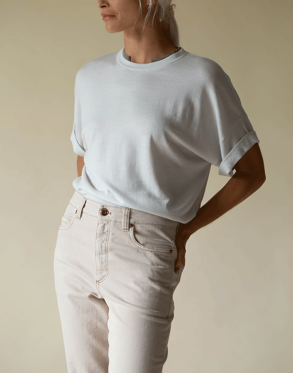 BRUNELLO CUCINELLI-White Short Sleeve Monili Collar Knit-