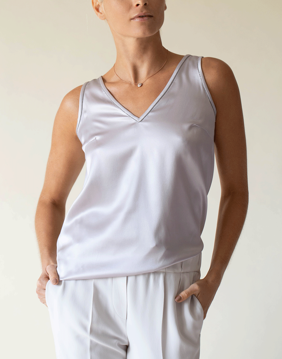 BRUNELLO CUCINELLI-Iris Silk V-Neck Monili Outline Tank-