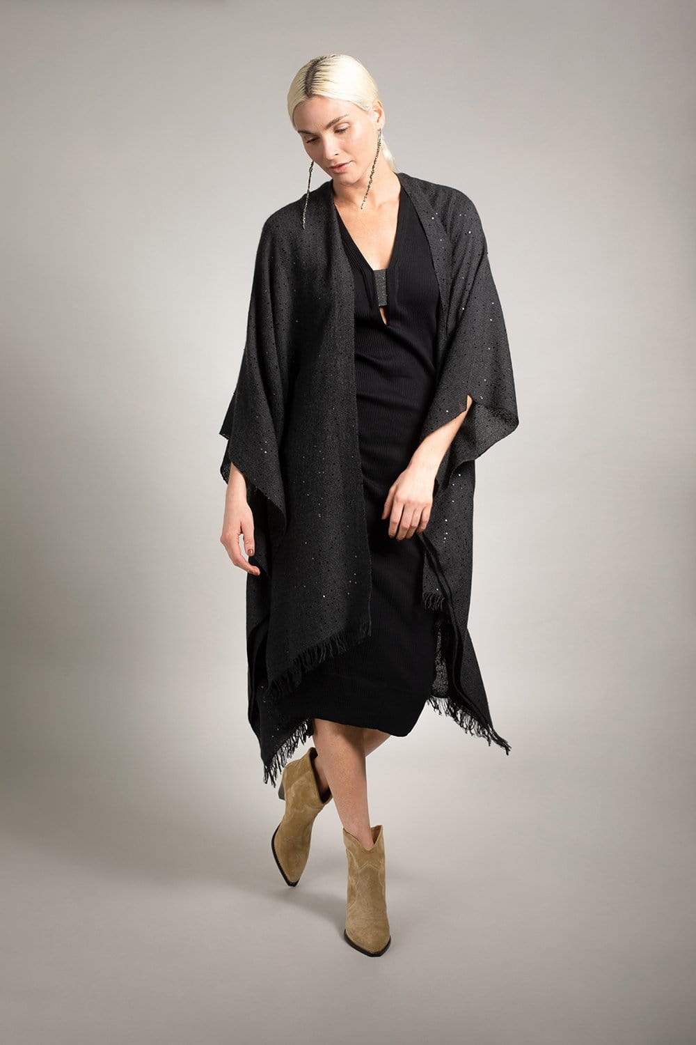 BRUNELLO CUCINELLI-Cashmere Silk Paillette Poncho - Blackstone-BLKSTONE