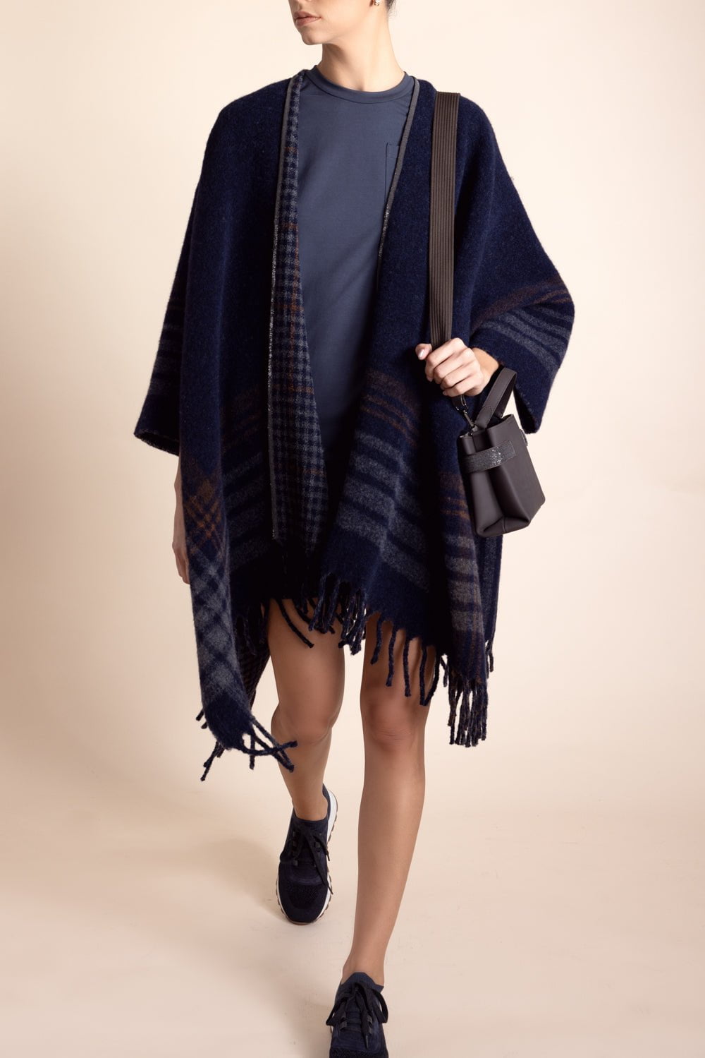 BRUNELLO CUCINELLI-Monili Trim Fringe Cape-BLUEGREY