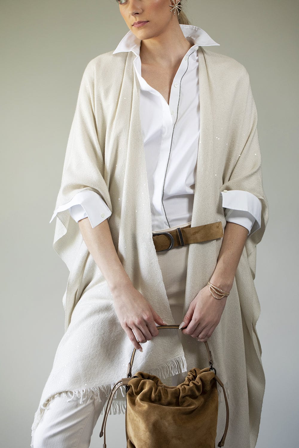 BRUNELLO CUCINELLI-Cashmere Silk Paillette Poncho - Latte-LATTE