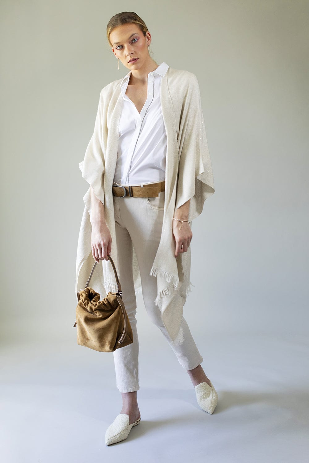 BRUNELLO CUCINELLI-Cashmere Silk Paillette Poncho - Latte-LATTE