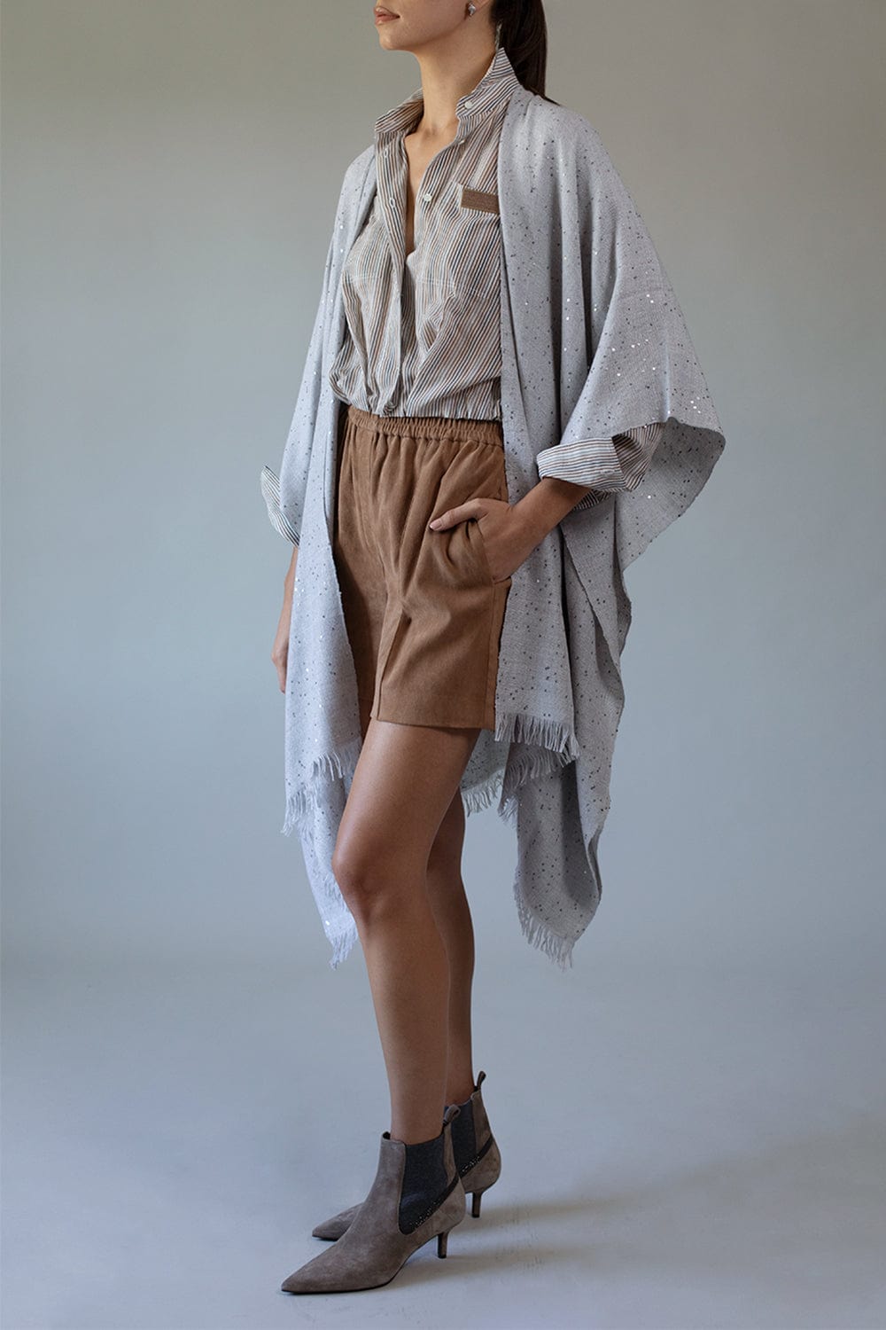BRUNELLO CUCINELLI-Cashmere Silk Paillette Poncho - Pearl Grey-PEARLGRY
