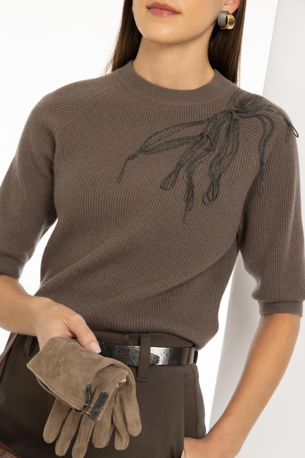 Embroidered Short Sleeve Pullover Sweater-CFFEEBRN-S-CLOTHINGTOPSWEATER-BRUNELLO CUCINELLI