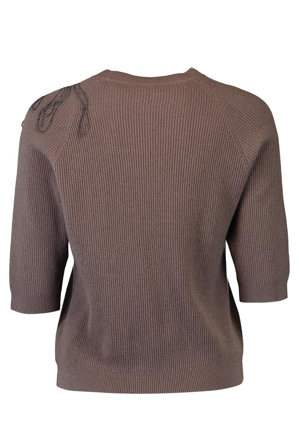 Embroidered Short Sleeve Pullover Sweater-CFFEEBRN-S-CLOTHINGTOPSWEATER-BRUNELLO CUCINELLI