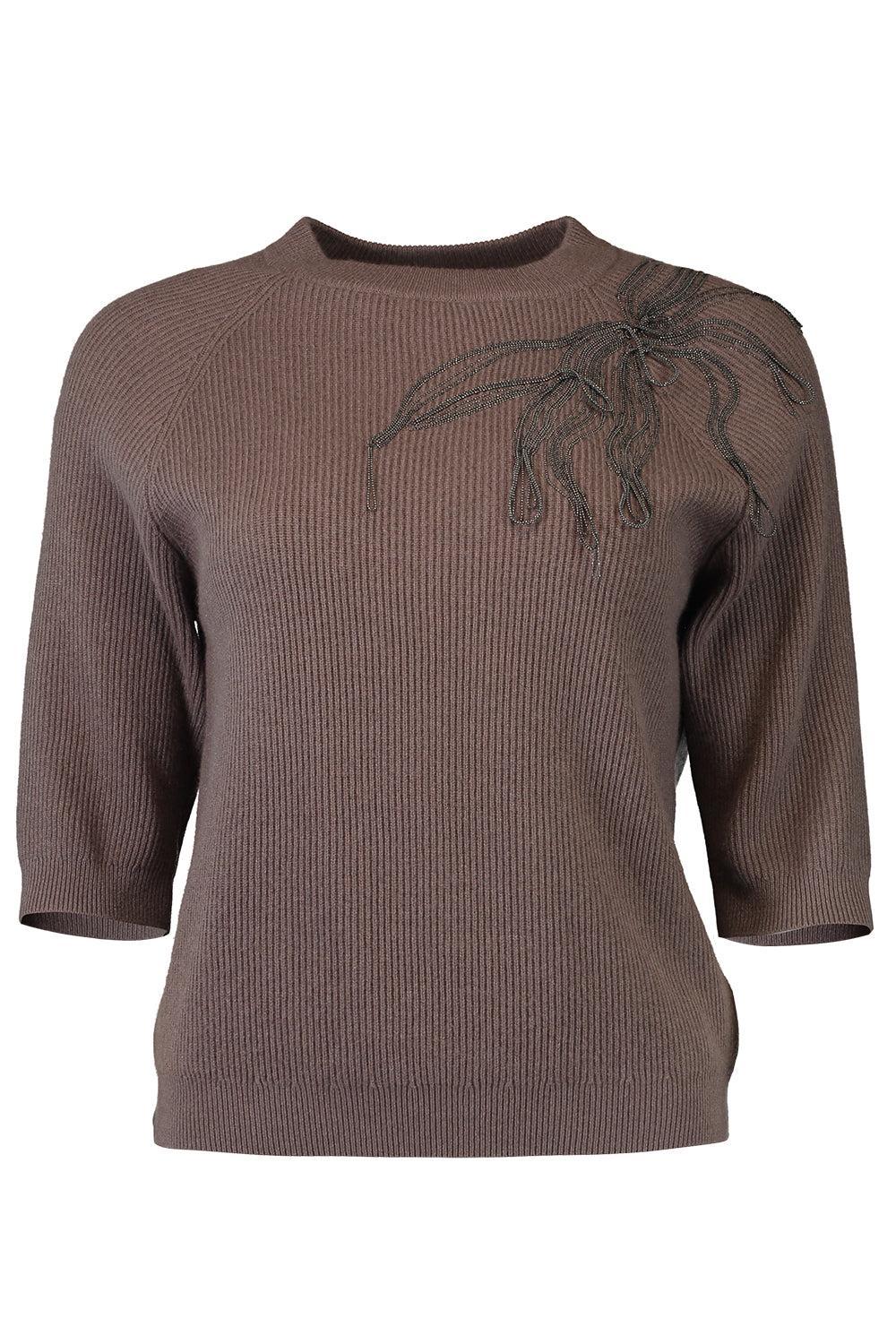 Embroidered Short Sleeve Pullover Sweater-CFFEEBRN-S-CLOTHINGTOPSWEATER-BRUNELLO CUCINELLI