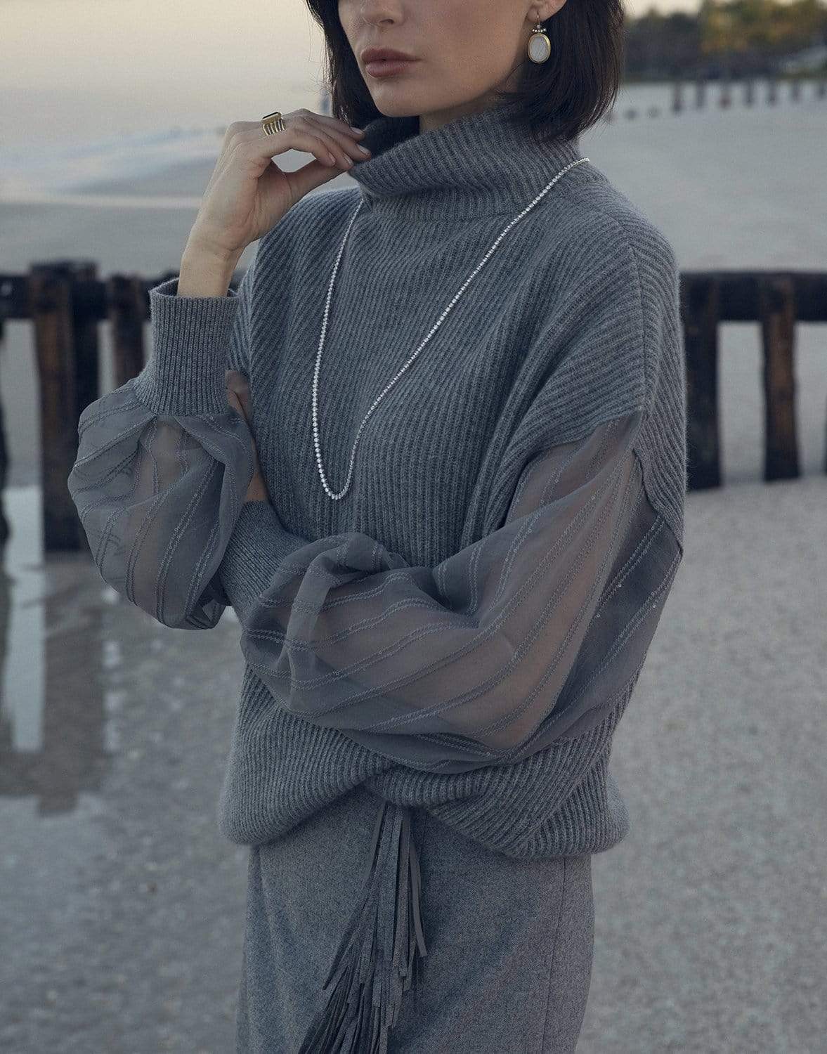 BRUNELLO CUCINELLI-Organza Sleeve Cashmere Turtleneck Top-