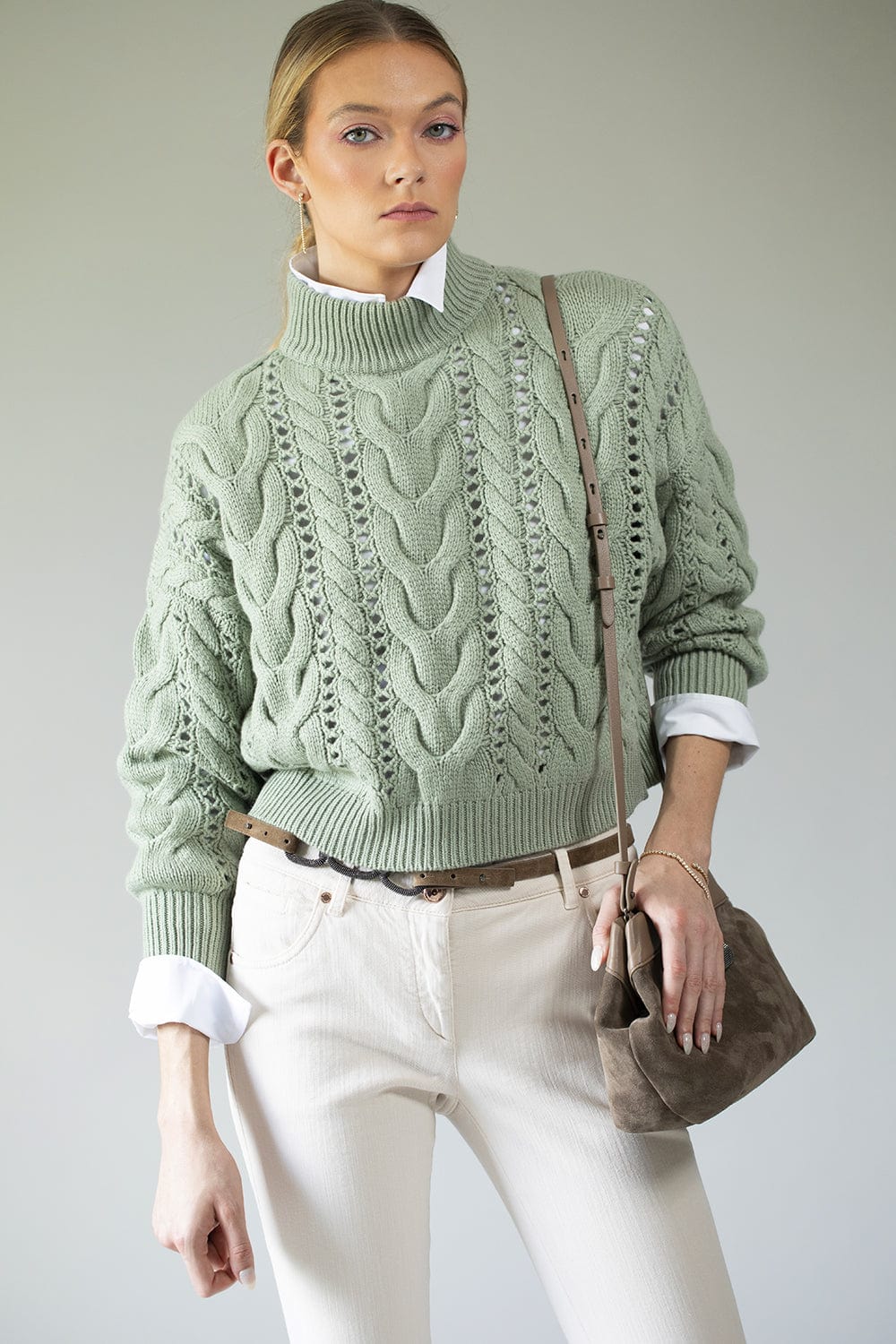 BRUNELLO CUCINELLI-Cropped Cable Knit Mock Neck-