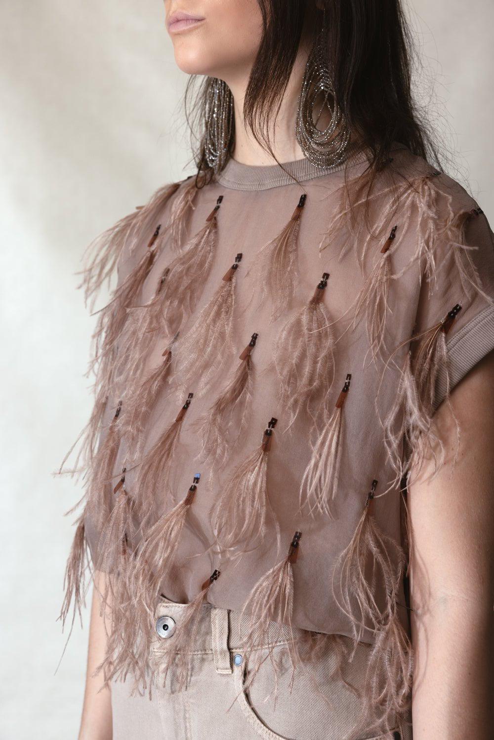 BRUNELLO CUCINELLI-Feather Embellished Blouse - Hazelnut-