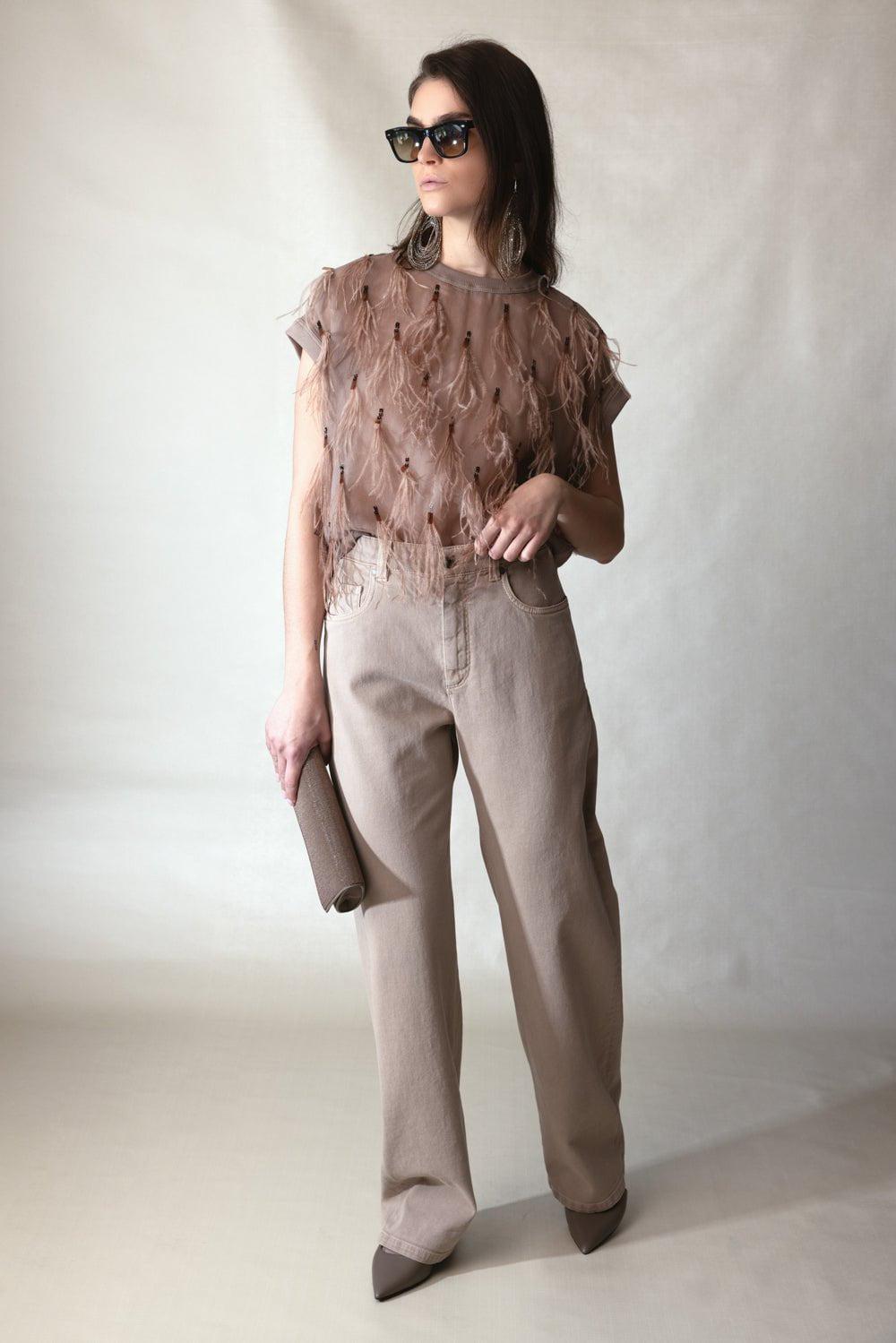 BRUNELLO CUCINELLI-Feather Embellished Blouse - Hazelnut-