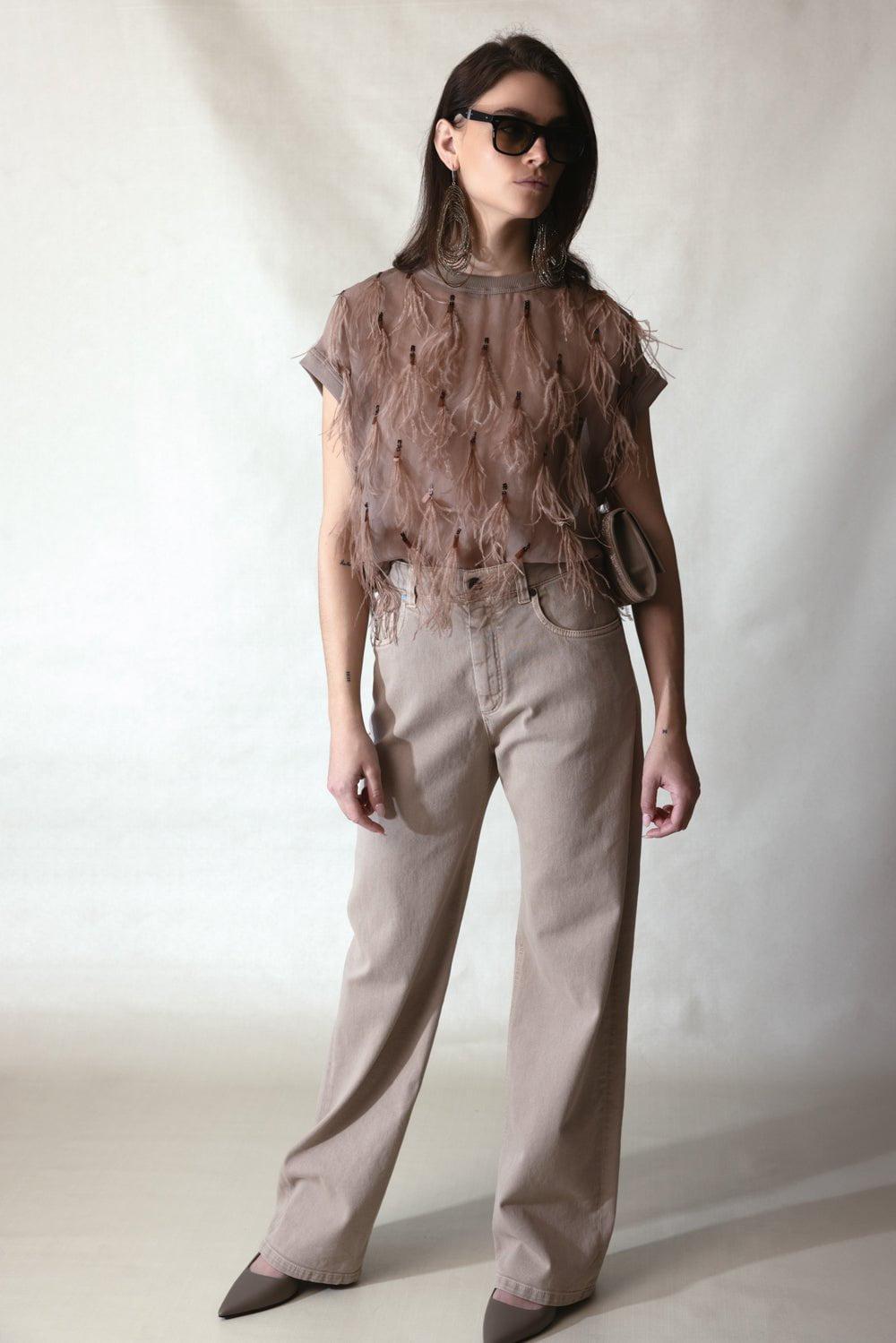 BRUNELLO CUCINELLI-Feather Embellished Blouse - Hazelnut-