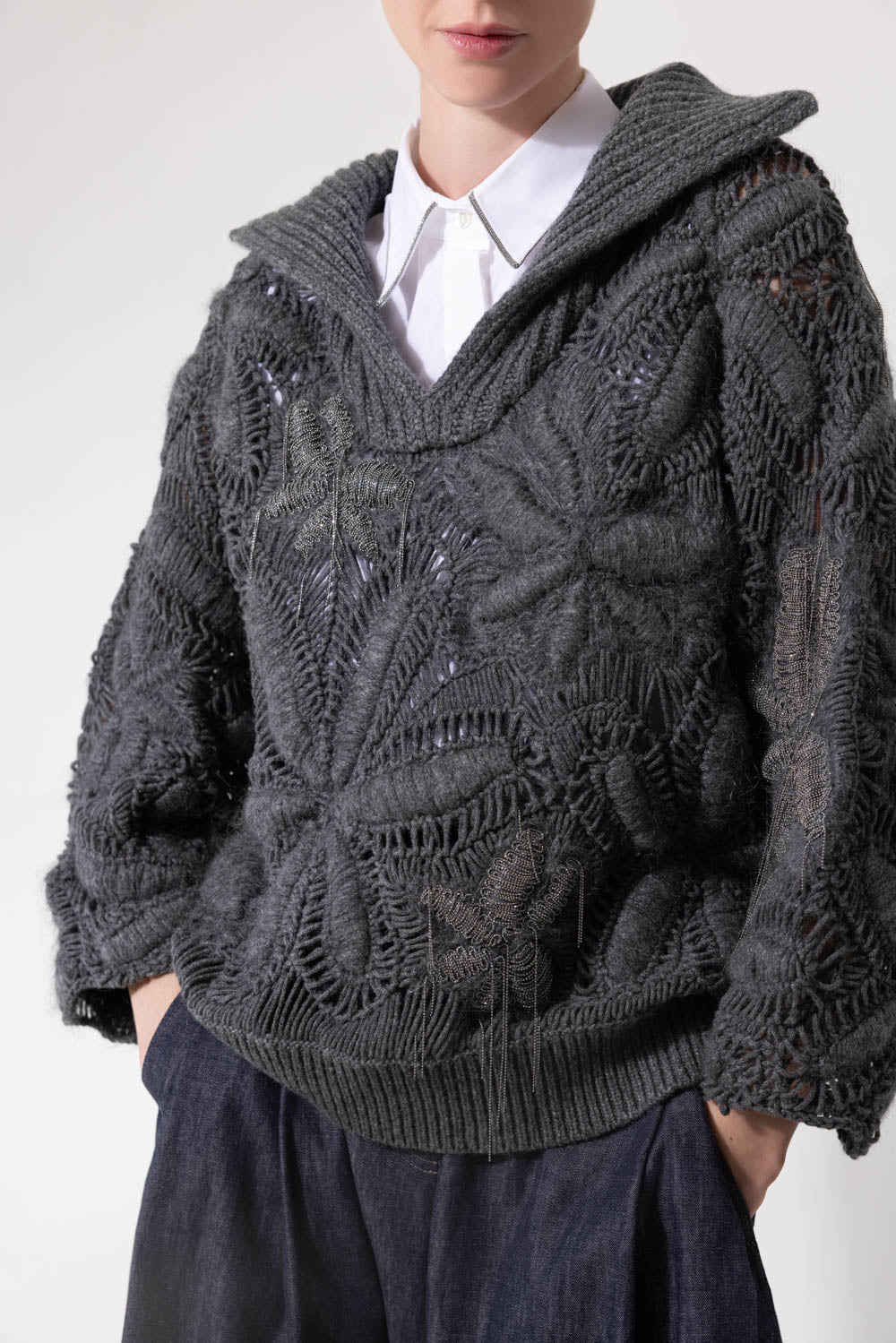 BRUNELLO CUCINELLI-Flower Crochet Sweater-LEAD