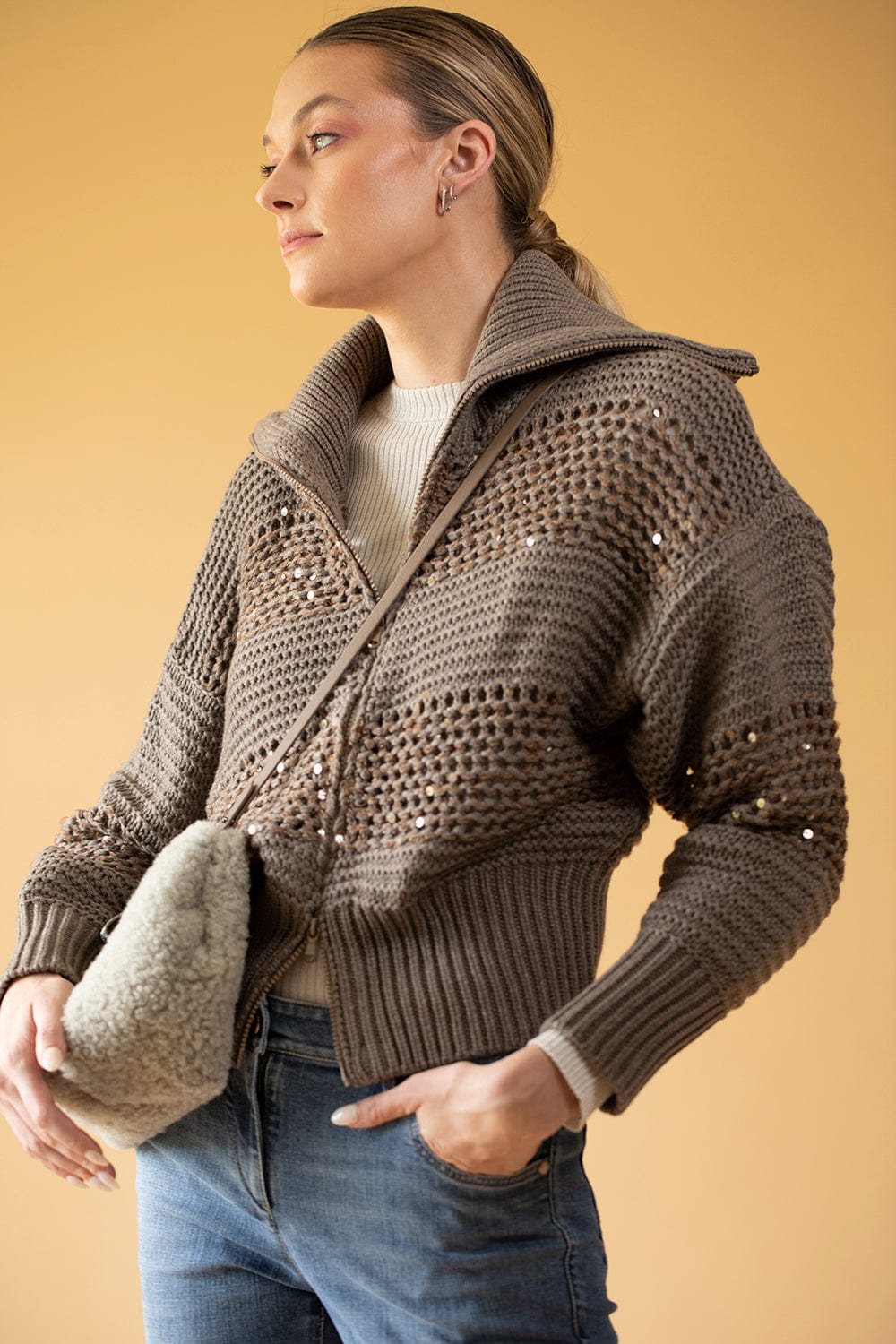 BRUNELLO CUCINELLI-Open Weave Cashmere Zip Up-