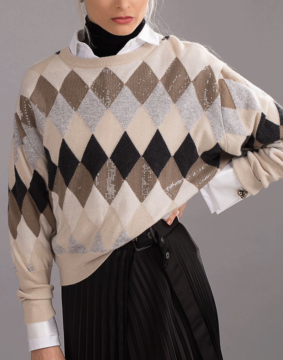 BRUNELLO CUCINELLI-Cropped Argyle Pullover Sweater-