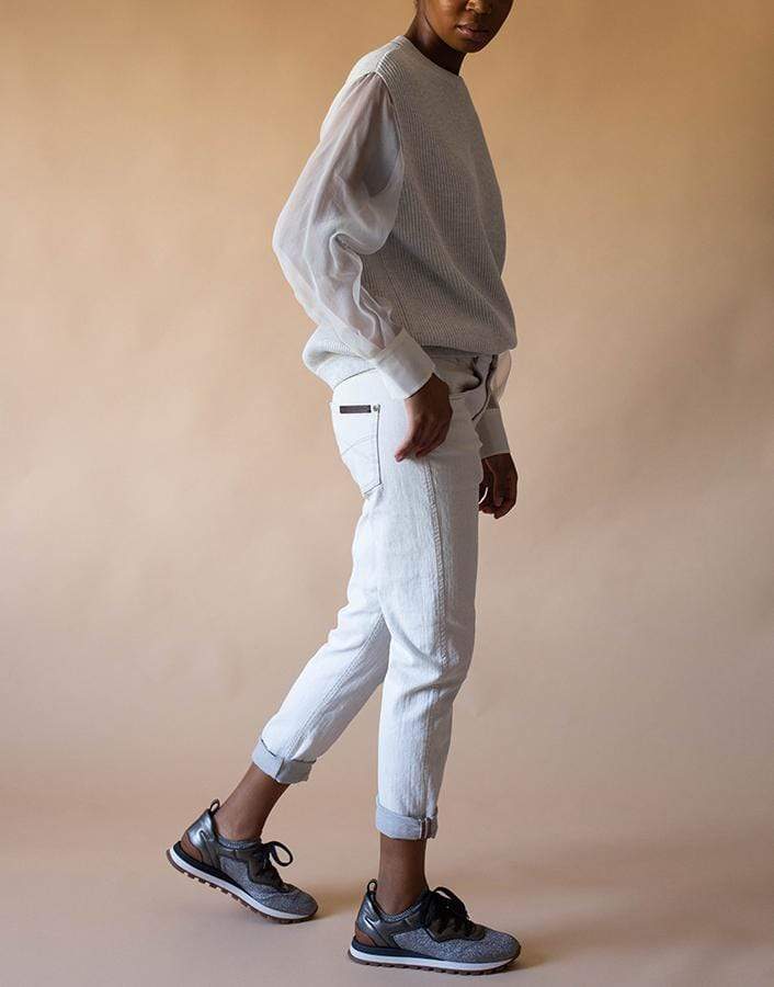 BRUNELLO CUCINELLI-Organza Sleeve Cotton Rib Crewneck Knit-