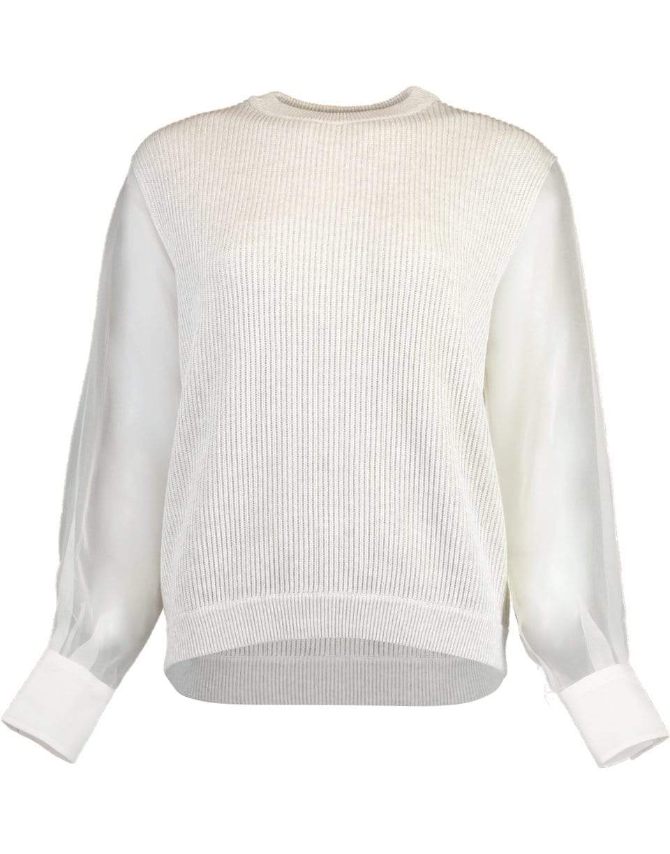 BRUNELLO CUCINELLI-Organza Sleeve Cotton Rib Crewneck Knit-