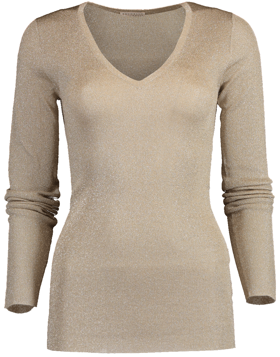 BRUNELLO CUCINELLI-Long Sleeve Lurex V-Neck Knit Top-