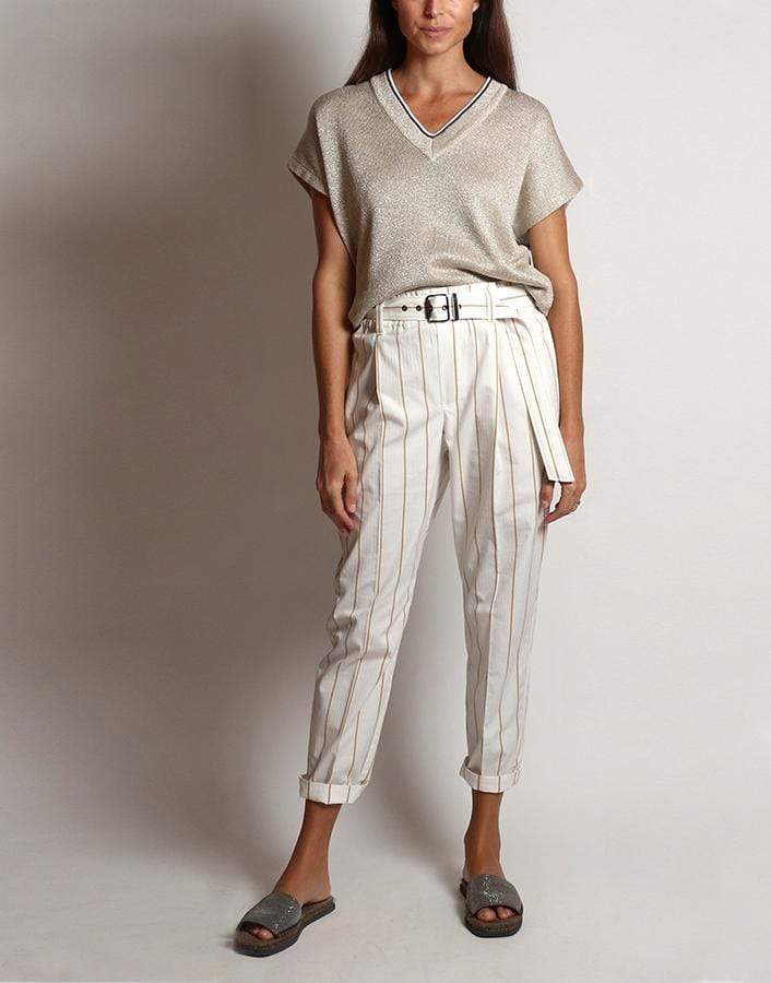 BRUNELLO CUCINELLI-Short Sleeve V-Neck Monili Knit Top-