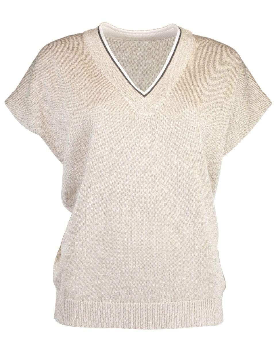 BRUNELLO CUCINELLI-Short Sleeve V-Neck Monili Knit Top-