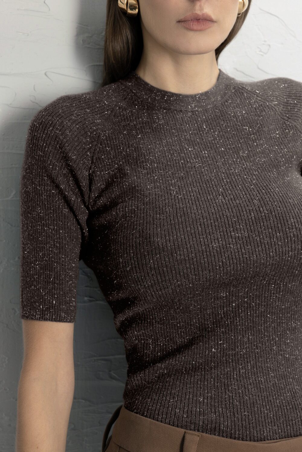Stretch Lurex Tee-BROWN-XS-CLOTHINGTOPT-SHIRT-BRUNELLO CUCINELLI