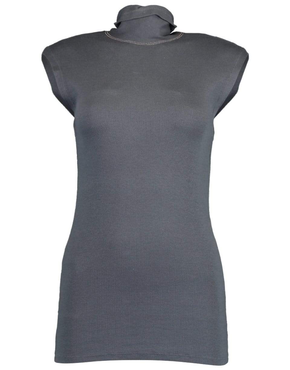 BRUNELLO CUCINELLI-Sleeveless Ribbed Mock Neck Tank with Monili-GRAY