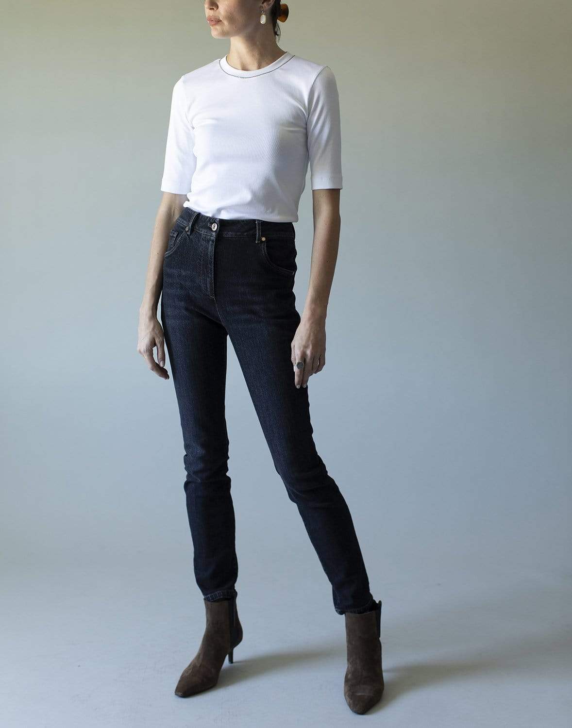 BRUNELLO CUCINELLI-Cotton Rib Elbow Sleeve Top-