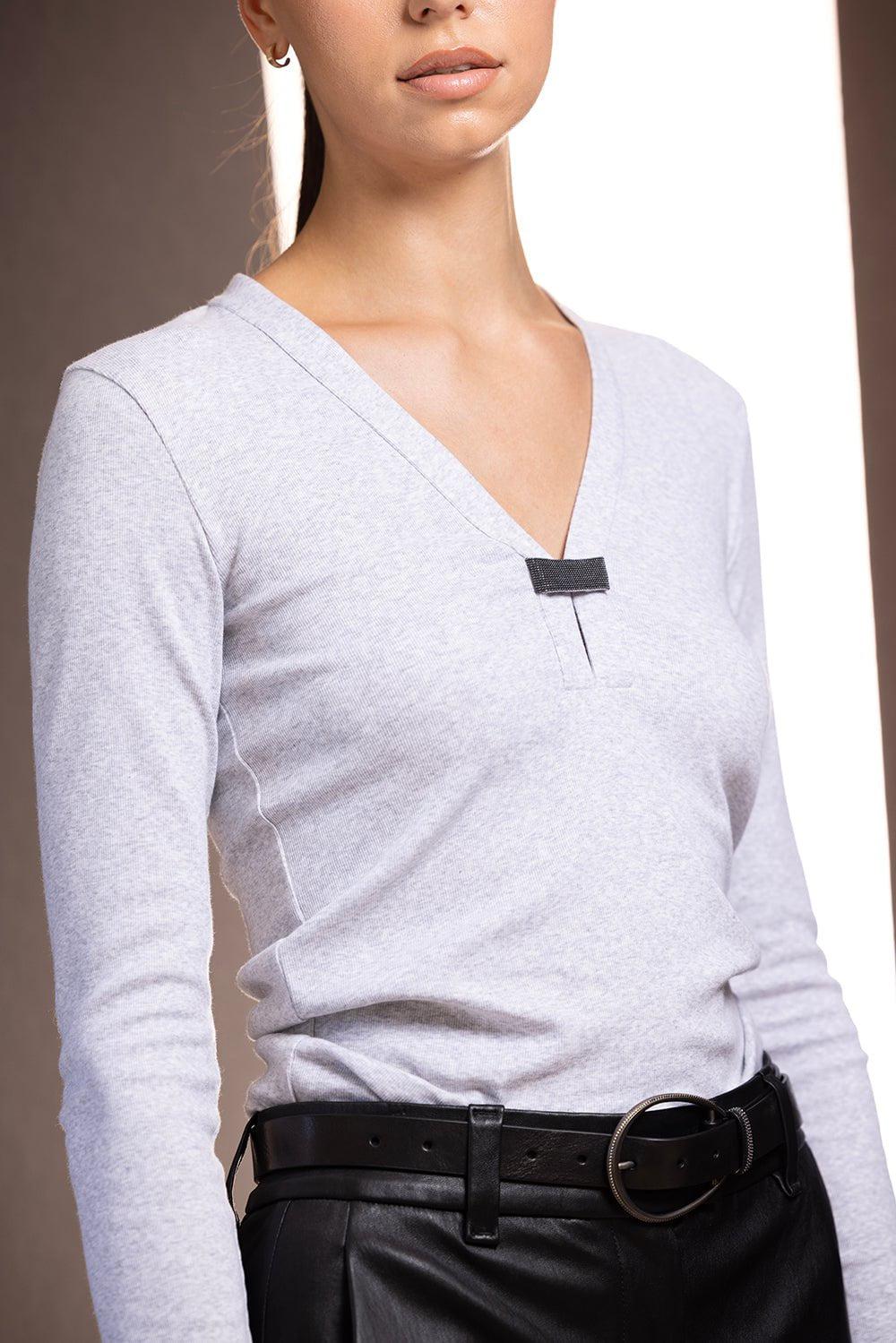 BRUNELLO CUCINELLI-Monili Trim V-Neck Shirt-