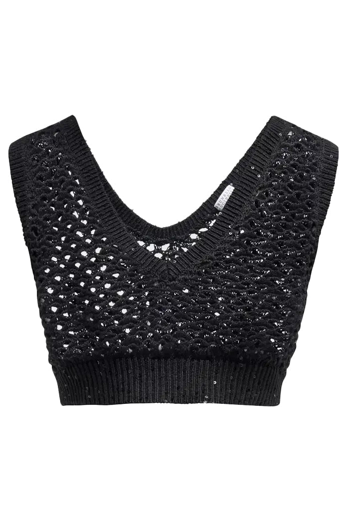 BRUNELLO CUCINELLI-Pailette Crochet Top-NERO