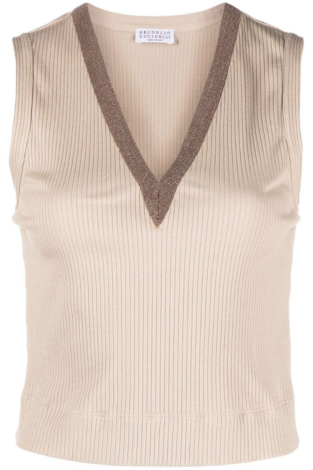 BRUNELLO CUCINELLI-Sleeveless Monili Trim V-Neck Top-
